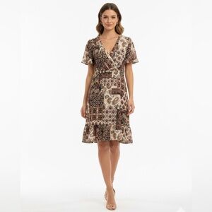 Luxology NWOT Boho Multicolor Paisley Short Sleeve Dress Faux Wrap V-Neck Lined